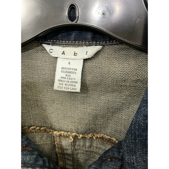 CAbi Denim Jacket Brown Fringe Zip Front Pockets Size Large Belted Waist Stretch - Picture 4 of 6